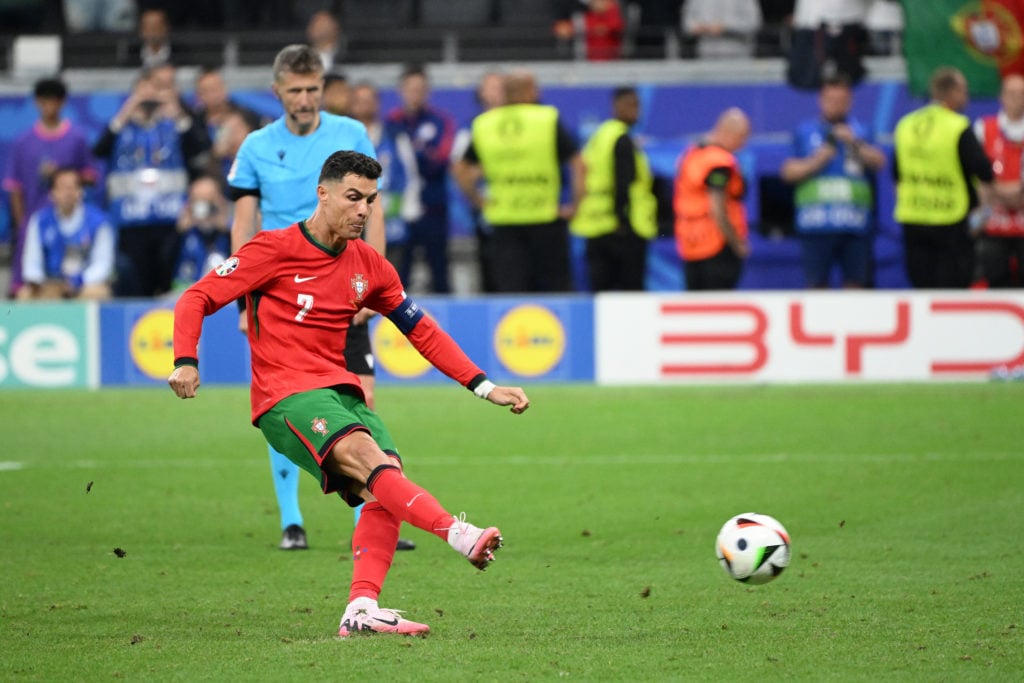 Ronaldo of Portugal shoots a penalty shoot during the UEFA EURO 2024 round of 16 match between Portugal and Slovenia at Deutsche Bank Park in Frank...