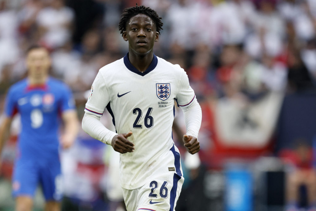 England's Kobbie Mainoo runs during the UEFA EURO 2024 Round of 16 match between England and Slovakia at the AufSchalke Arena on June 30, 2024 in G...