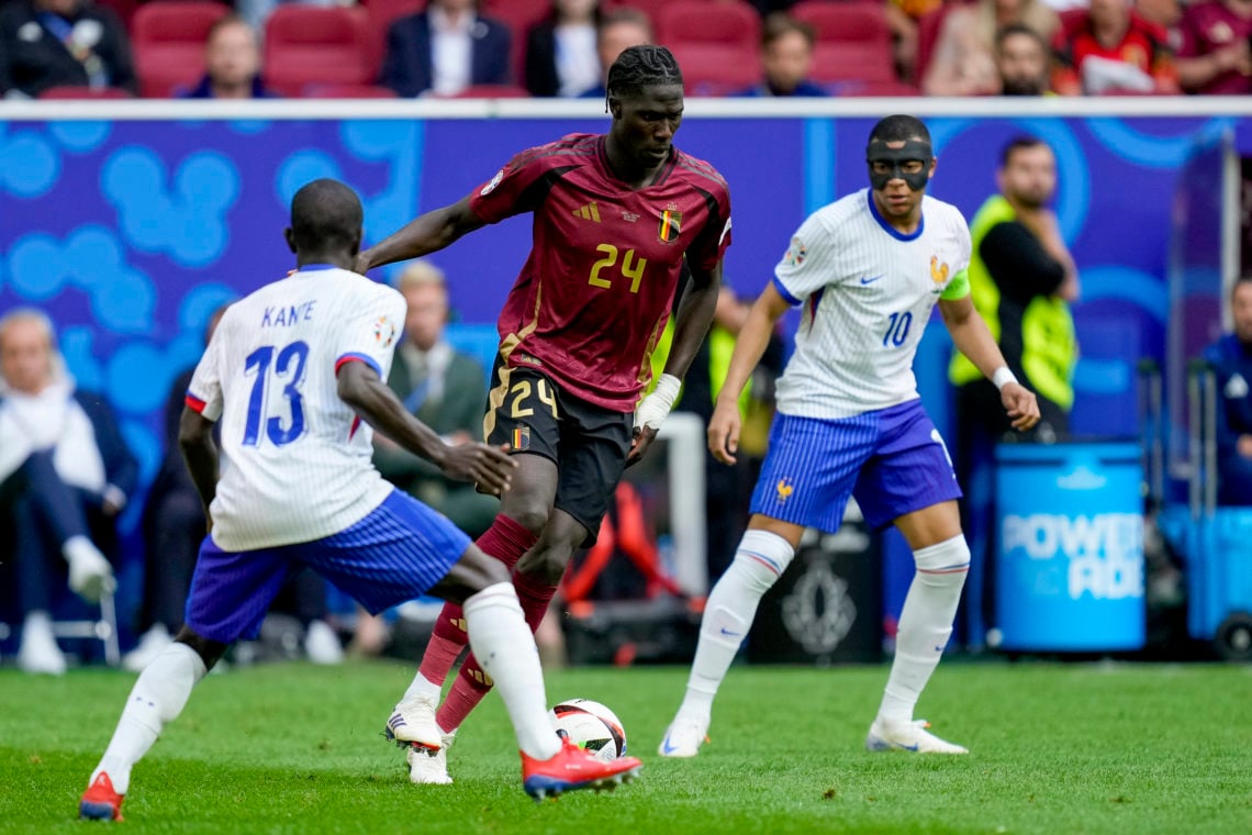 Amadou Onana of Belgium battle for the ball during the UEFA EURO 2024 - Round of 16 match between France and Belgium at Arena Dusseldorf on July 1,...