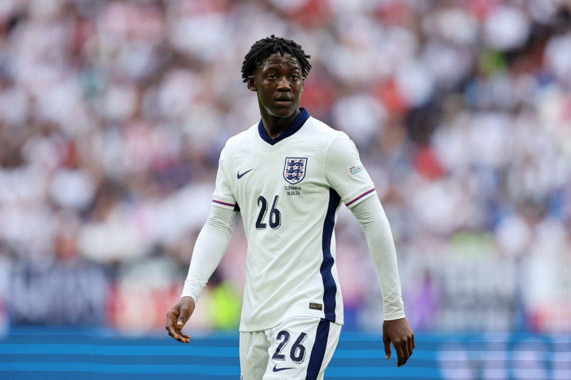 Kobbie Mainoo of England reacts during the UEFA EURO 2024 round of 16 match between England and Slovakia at Arena AufSchalke on June 30, 2024 in Ge...