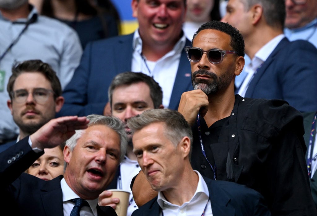 Rio Ferdinand looks on from the stands prior to the UEFA EURO 2024 round of 16 match between England and Slovakia at Arena AufSchalke on June 30, 2...