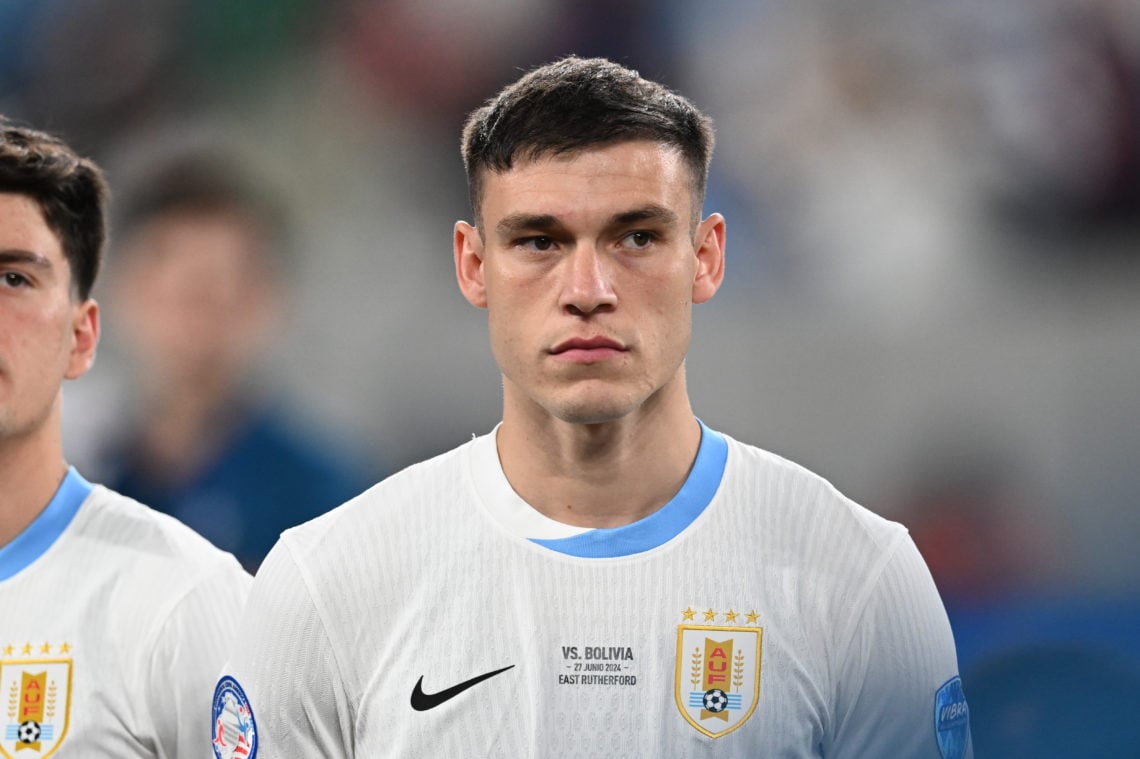 Manuel Ugarte #5 of Uruguay stands for the national anthem before a Copa America 2024 Group C match between Bolivia and Uruguay at MetLife Stadium ...