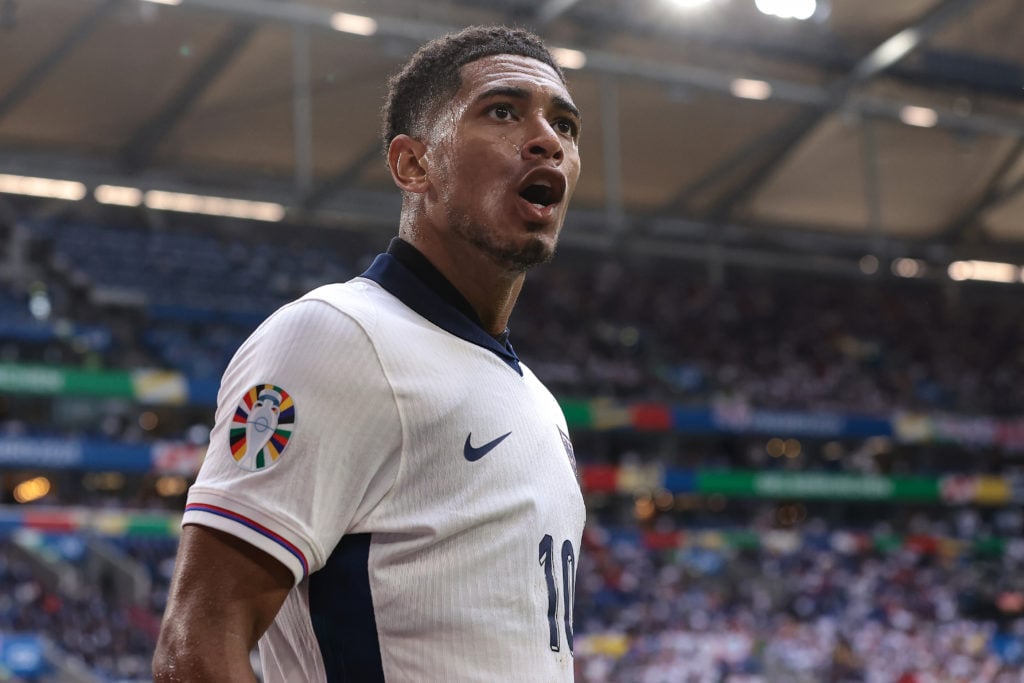 Jude Bellingham of England reacts as he appeals for the fans to get behind the team during the UEFA EURO 2024 round of 16 match between England and...