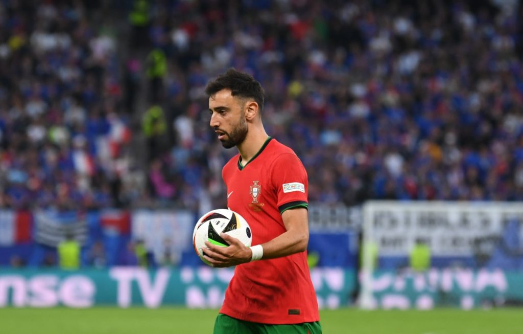 Bruno Fernandes of Portugal during the UEFA Euro 2024 quarter-final football match between Portugal and France at the Volksparkstadion in Hamburg o...