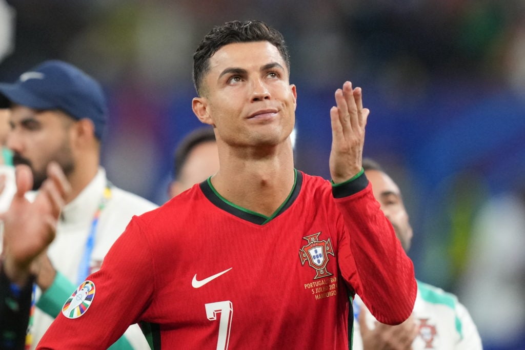 Cristiano Ronaldo (7) of Portugal gets upset at the end of the EURO match between Portugal v France at the Volksparkstadium on July 5, 2024 in Hamb...