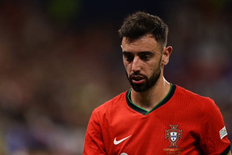 Bruno Fernandes of Portugal is playing during the UEFA Euro 2024 quarter-final football match between France and Portugal at Volksparkstadion Stadi...