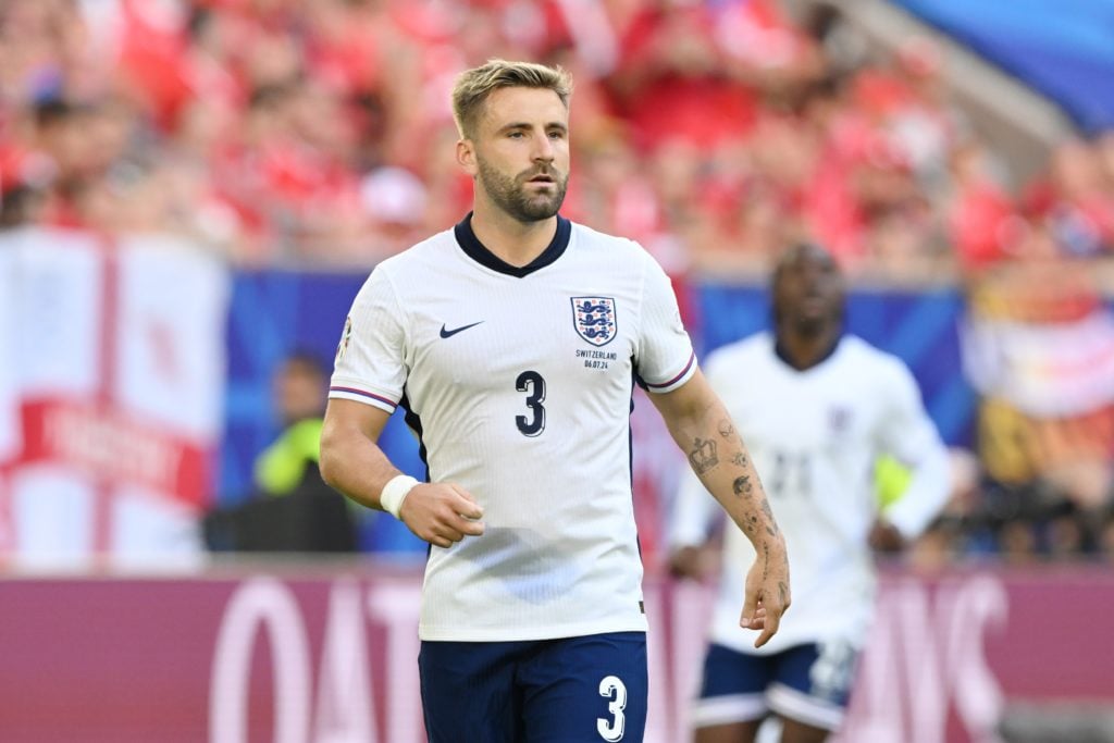 DUSSELDORF - Luke Shaw of England during the UEFA EURO 2024 quarter-final match between England and Switzerland at Dusseldorf Arena on July 6, 2024...