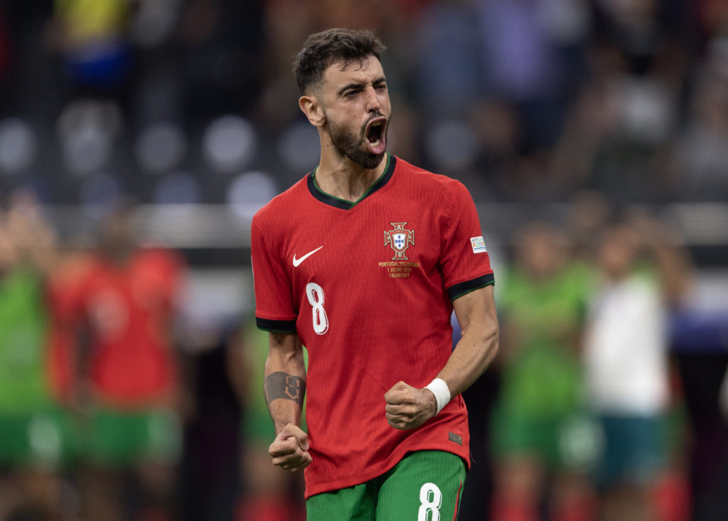 Portugal's Bruno Fernandes celebrates scoring his penalty kick during the UEFA EURO 2024 Round of 16 match between Portugal and Slovenia in F...