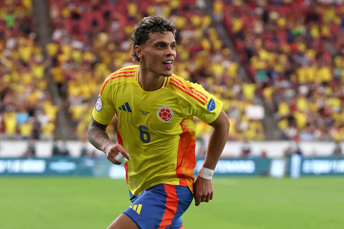 Colombia's midfielder #06 Richard Rios celebrates scoring his team's fourth goal during the Conmebol 2024 Copa America tournament quarter-final foo...