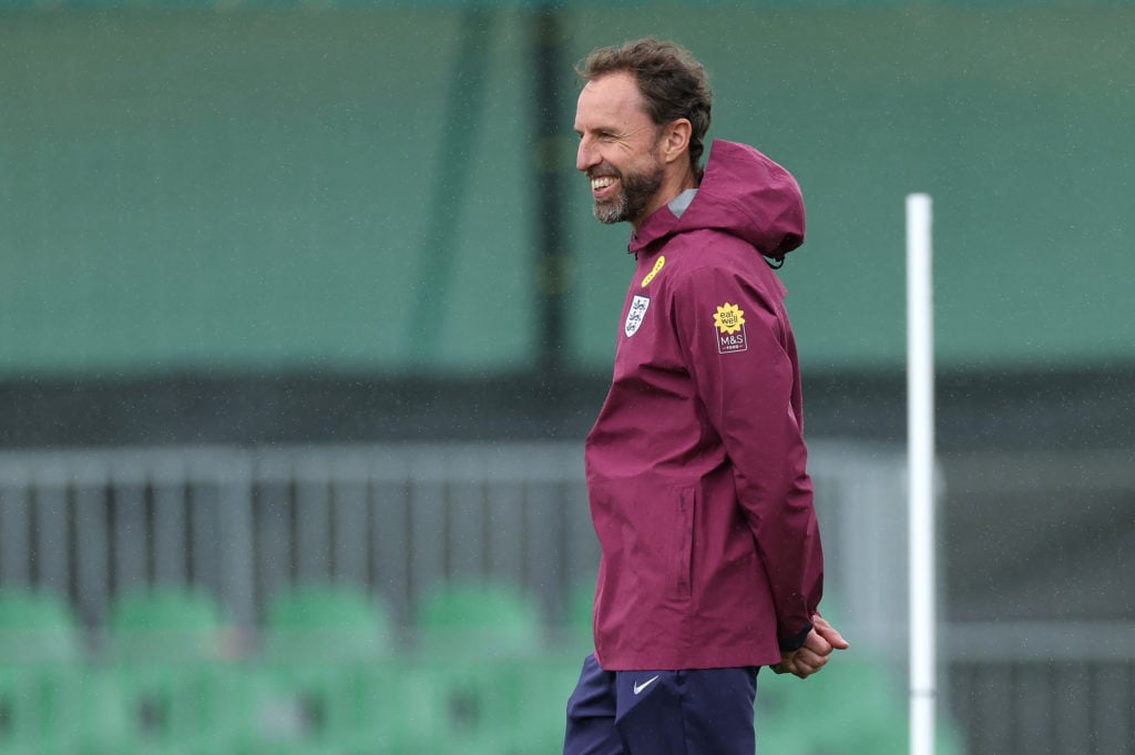 Gareth Southgate, Manager of England men's senior team, looks on during a training session at Spa & Golf Resort Weimarer Land on July 04, 2024 ...