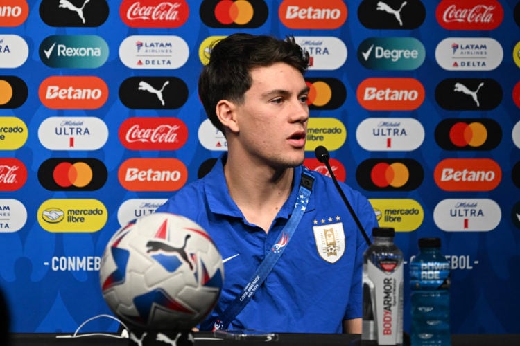 Facundo Pellistri of Uruguay speaks at a CONMEBOL Copa America 2024 press conference at Allegiant Stadium on July 05, 2024 in Las Vegas, Nevada.