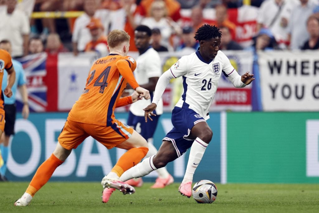 Dortmund - (l-r) Jerdy Schouten of Holland, Kobbie Mainoo of England during the UEFA EURO 2024 Semi-final match between the Netherlands and England...