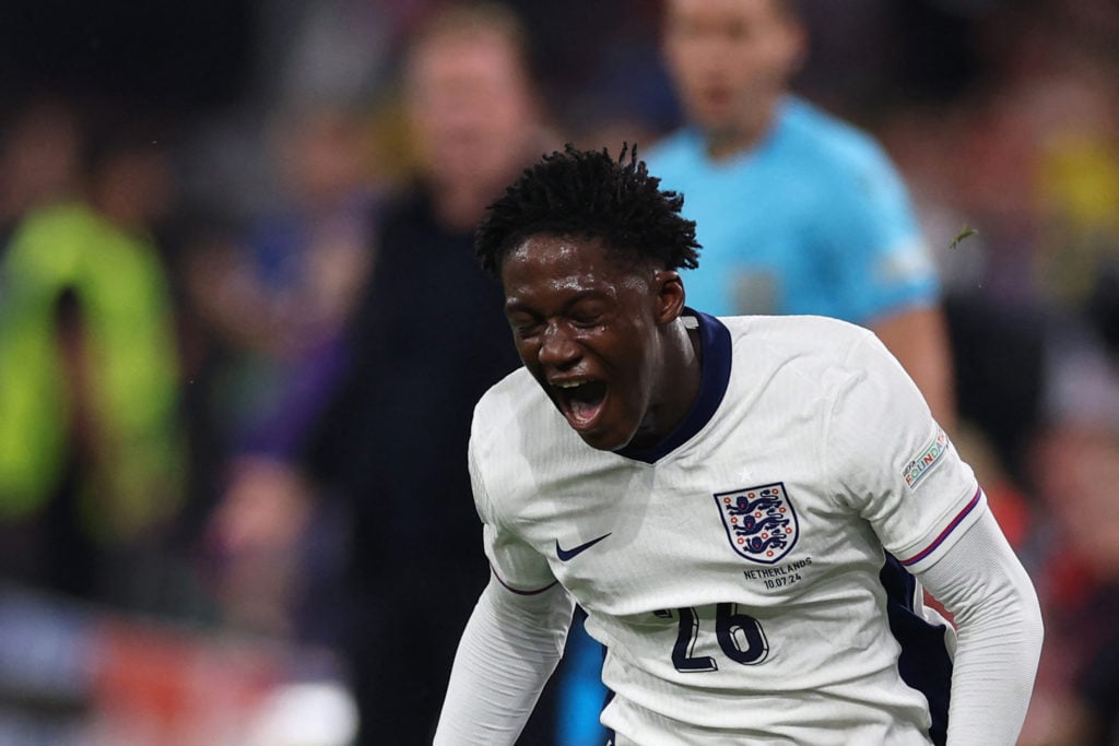 England's midfielder #26 Kobbie Mainoo reacts  during the UEFA Euro 2024 semi-final football match between the Netherlands and England at the BVB S...