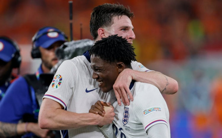 Declan Rice and Kobbie Mainoo of England celebrate after winning the UEFA EURO 2024 semi-final match between Netherlands and England at Football St...