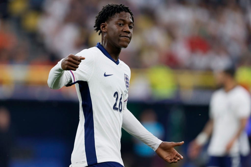 England's Kobbie Mainoo runs during the UEFA EURO 2024 semi-final match between Netherlands and England at the Dortmund football stadium on July 10...