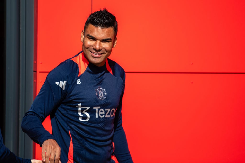 (EXCLUSIVE COVERAGE)  Casemiro of Manchester United arrives ahead of a first team training session at Carrington Training Ground on July 08, 2024 i...