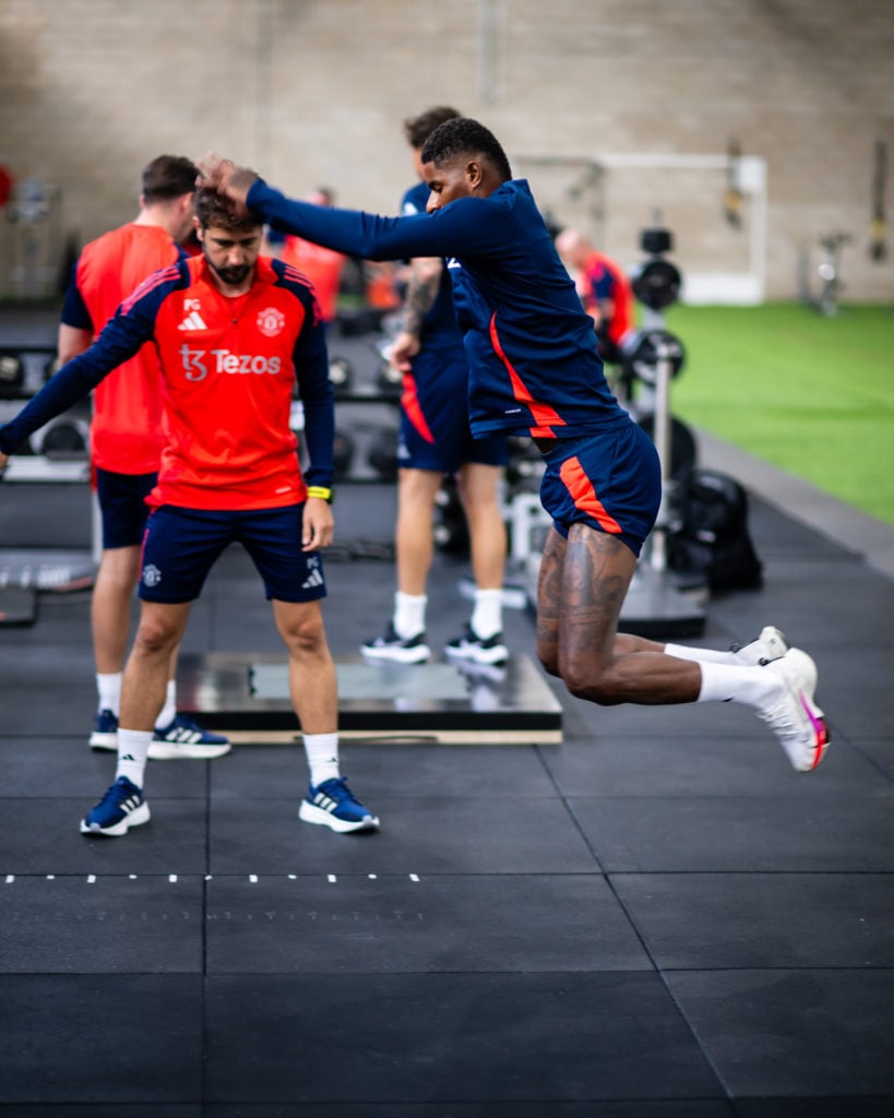 (EXCLUSIVE COVERAGE) Manchester United's Marcus Rashford in action during a first team training session at the Carrington Training Ground on July 08,...