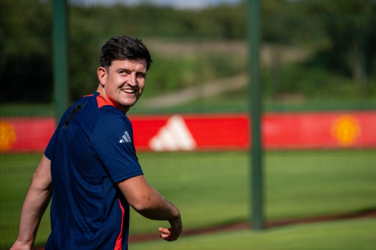 (EXCLUSIVE COVERAGE)  Harry Maguire of Manchester United in action during a first team training session at Carrington Training Ground on July 08, 2...