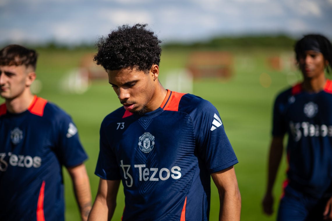 (EXCLUSIVE COVERAGE)  Ethan Williams of Manchester United in action during a first team training session at Carrington Training Ground on July 08, ...