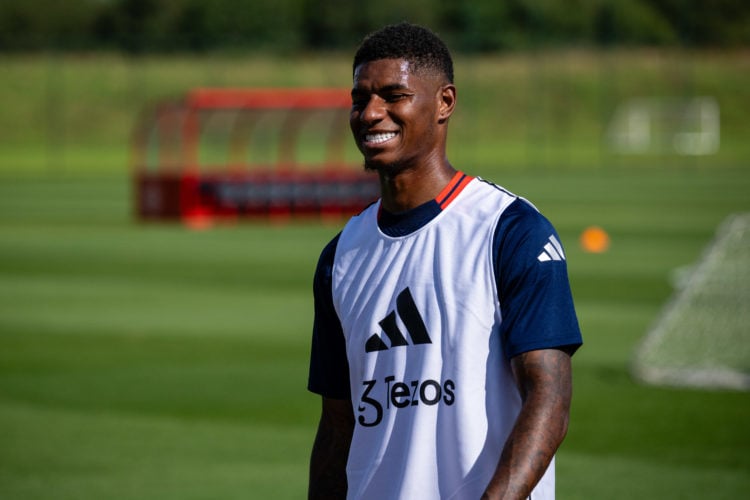 (EXCLUSIVE COVERAGE)  Marcus Rashford of Manchester United in action during a first team training session at Carrington Training Ground on July 08,...