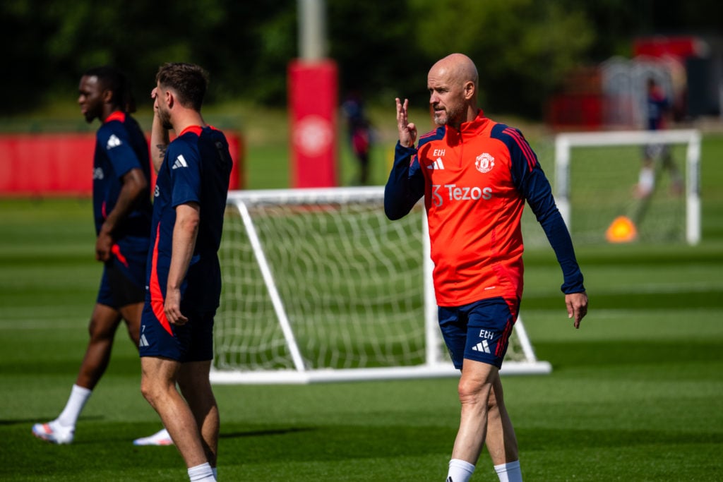 (EXCLUSIVE COVERAGE)  Manager Erik ten Hag of Manchester United in action during a first team training session at Carrington Training Ground on Jul...