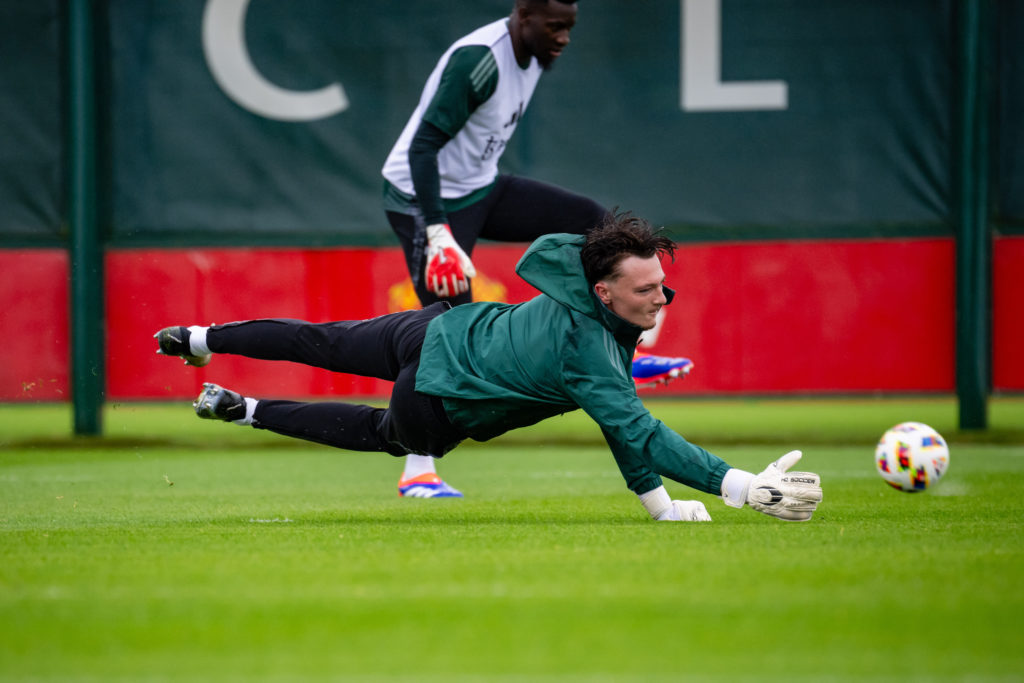 Elyh Harrison of Manchester United in action during a first team pre-season training session at Carrington Training Ground on July 09, 2024 in Manc...