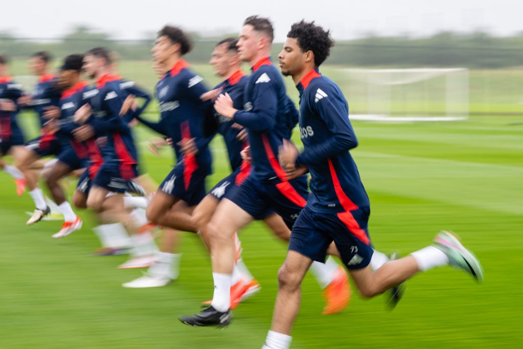 Ethan Williams of Manchester United in action during a first team pre-season training session at Carrington Training Ground on July 09, 2024 in Man...