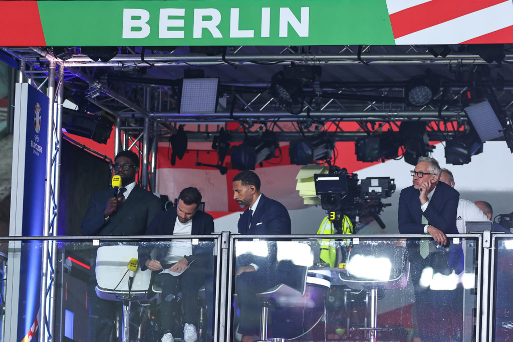 Micah Richards, Juan Mata, Rio Ferdinand and Gary Lineker in the BBC Television studio during the UEFA EURO 2024 final match between Spain and Engl...