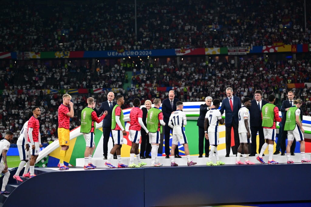 William the Prince of Wales,  and Spanish King VI Felipe greet the players of England and Spain as Spain wins the UEFA EURO 2024 final match betwee...