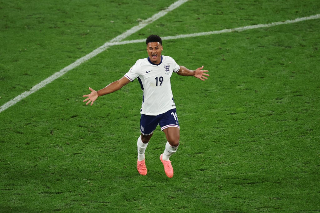 Ollie Watkins of England celebrates scoring his team's second goal during the UEFA EURO 2024 semi-final match between Netherlands and England at Fo...