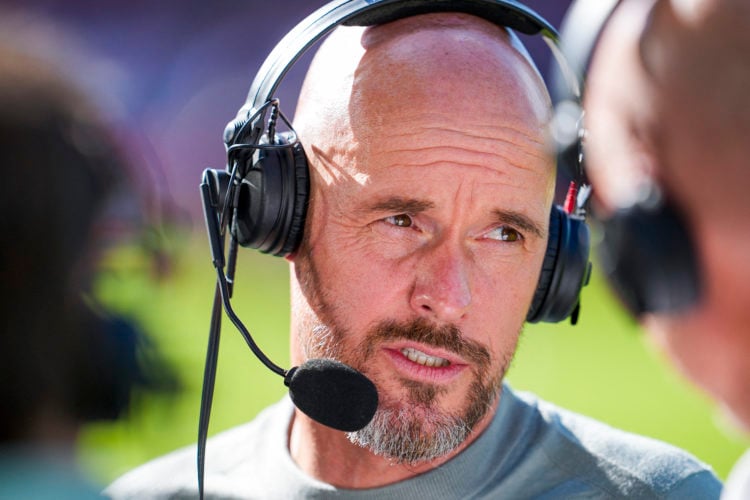 Manchester United's Dutch manager Erik ten Hag gives an interview prior to the friendly football match against  Rosenborg BK at the Lerkendal Stadi...