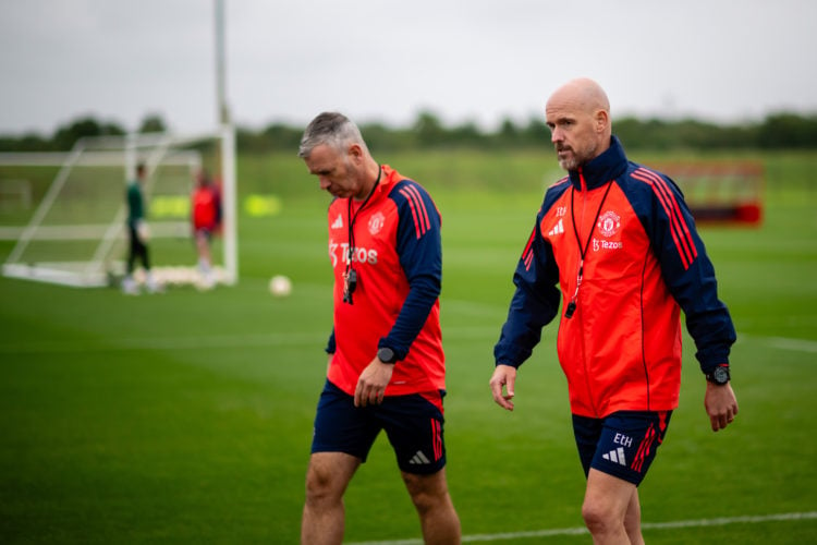 Manager Erik ten Hag and Assistant Manager Rene Hake of Manchester United in action during a first team pre-season training session at Carrington T...