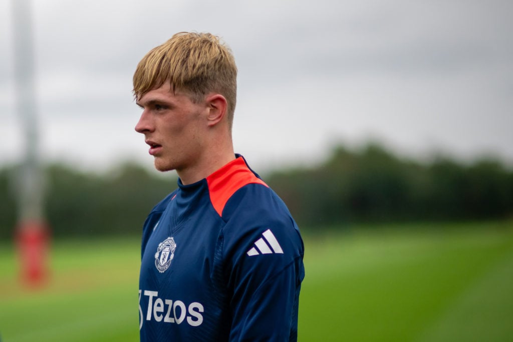 Toby Collyer of Manchester United in action during a first team pre-season training session at Carrington Training Ground on July 11, 2024 in Manch...