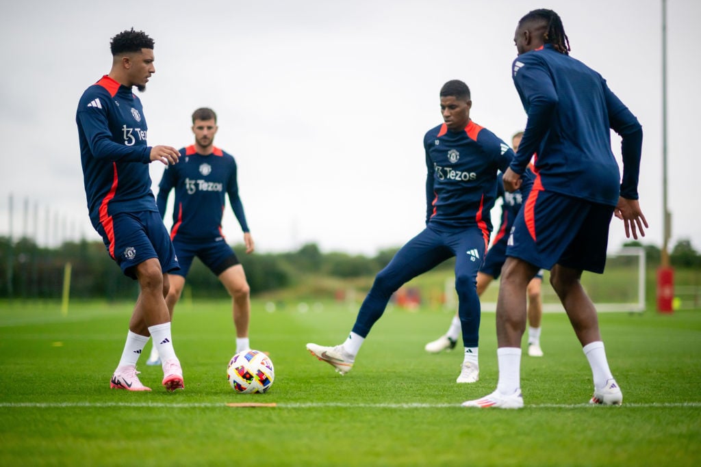 Jadon Sancho, Marcus Rashford and aof Manchester United in action during a first team pre-season training session at Carrington Training Ground on ...