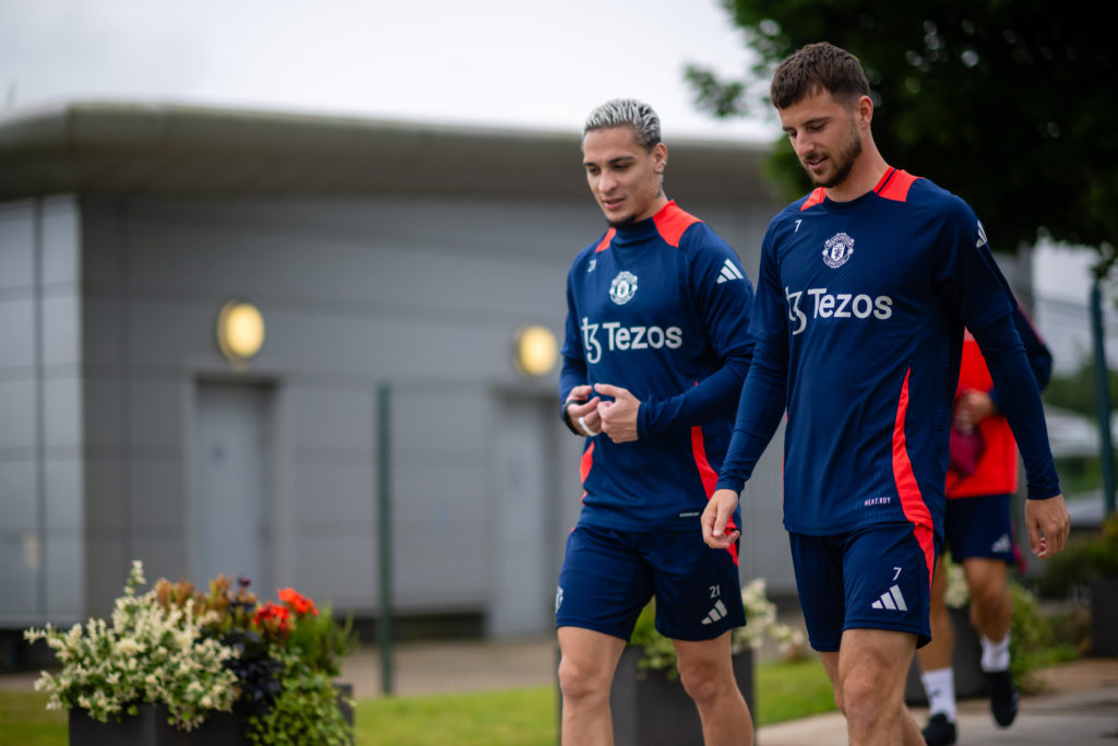 Manchester United's Antony and Mason Mount in action during a first team pre-season training session at the Carrington Training Ground on July 11, 2022...