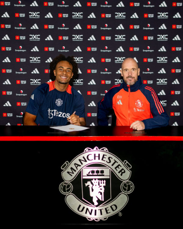 (EXCLUSIVE COVERAGE) Joshua Zirkzee of Manchester United poses with Manager Erik ten Hag after signing for the club at Carrington Training Ground o...