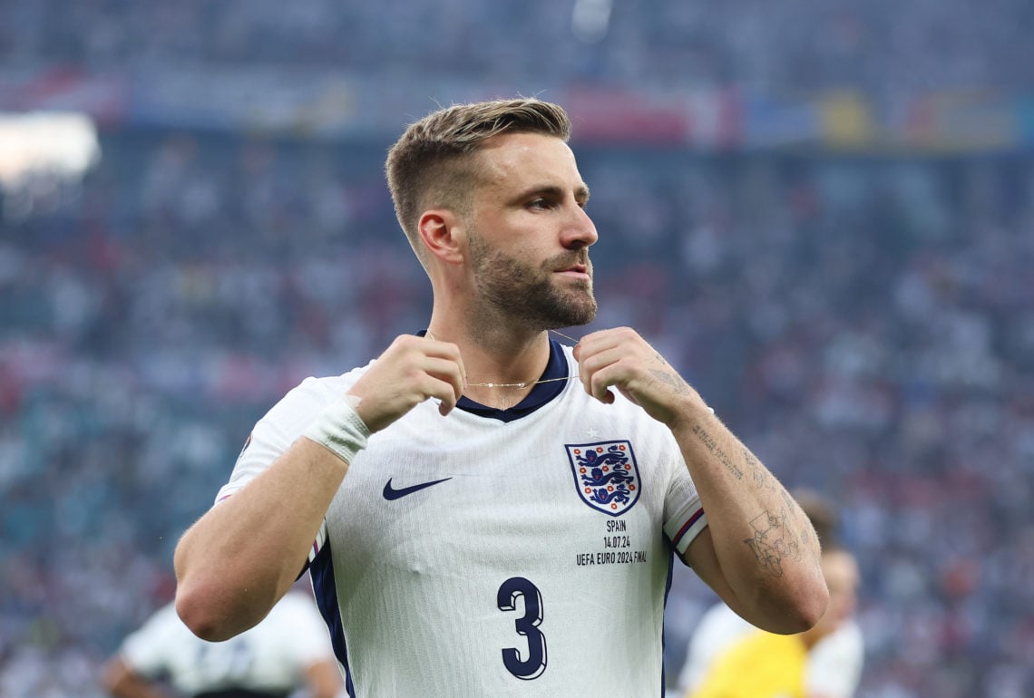 Luke Shaw of England looks on during the UEFA EURO 2024 final match between Spain and England at Olympiastadion on July 14, 2024 in Berlin, Germany.