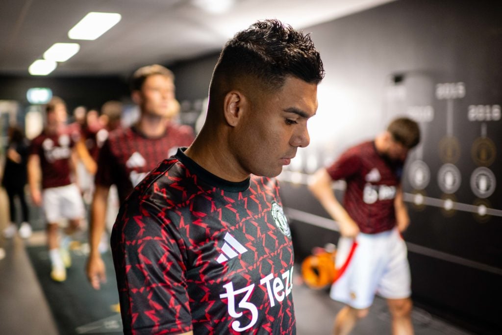 Casemiro of Manchester United warms up ahead of the pre-season friendly match between Rosenborg and Manchester United at Lerkendal Stadium on July ...