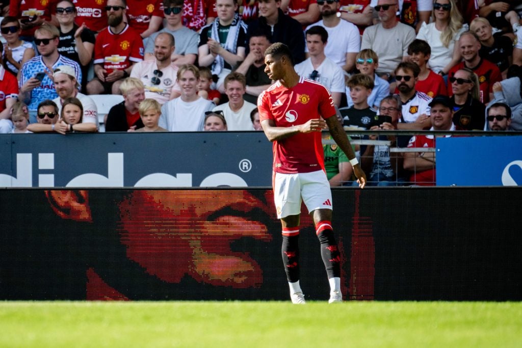 Marcus Rashford of Manchester United in action during the pre-season friendly match between Rosenborg and Manchester United at Lerkendal Stadium on...