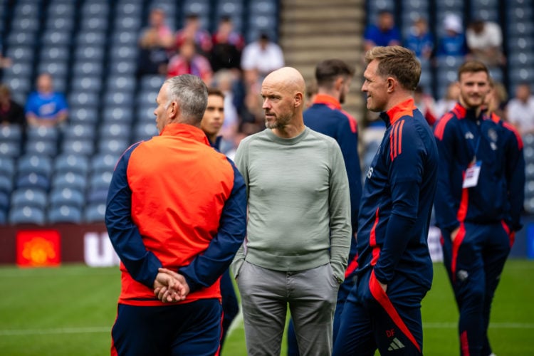 Manager Erik ten Hag of Manchester United arrives ahead of a pre-season friendly match between Manchester United v Glasgow Rangers at Murrayfield S...