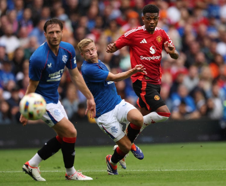 Amad Diallo of Manchester United scores the opening goal during Manchester United v Rangers - Pre-Season Friendly at BT Murrayfield Stadium on July...