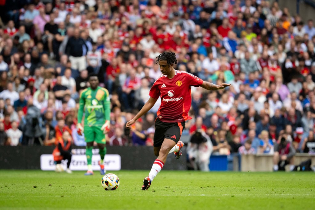 Leny Yoro of Manchester United in action during a pre-season friendly match between Manchester United v Glasgow Rangers at Murrayfield Stadium on J...