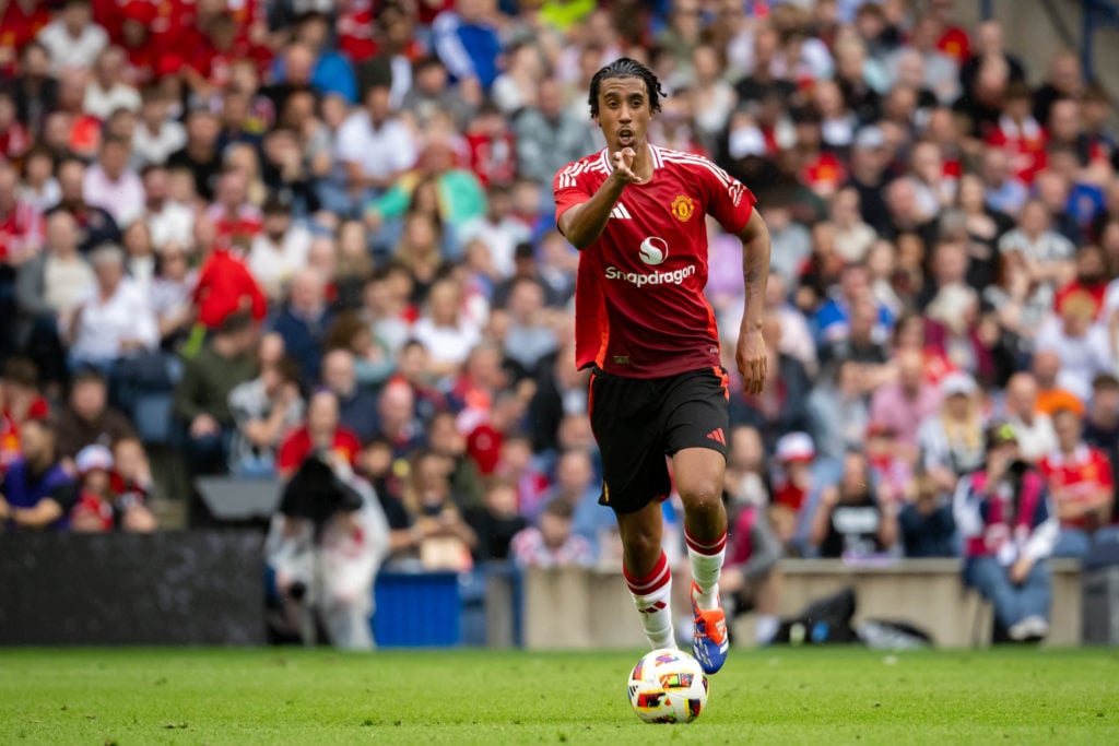 Manchester United's Leny Yoro in action during a pre-season friendly between Manchester United and Glasgow Rangers at Murrayfield Stadium on J...