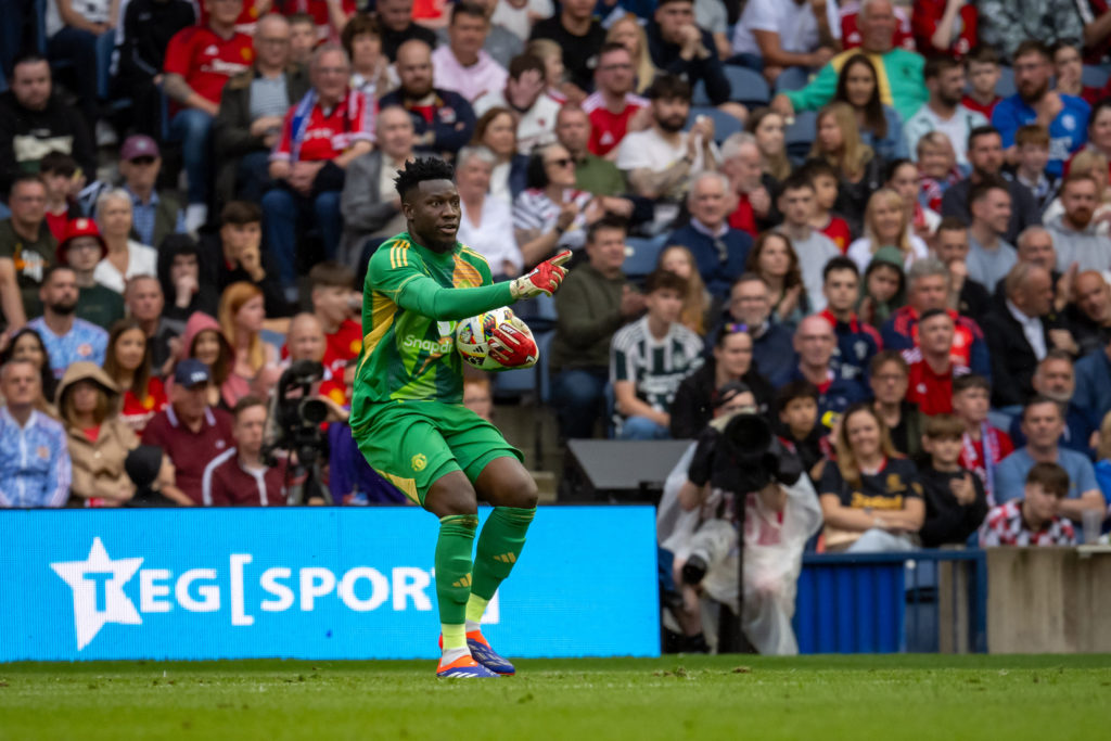 Andre Onana of Manchester United in action during a pre-season friendly match between Manchester United v Glasgow Rangers at Murrayfield Stadium on...