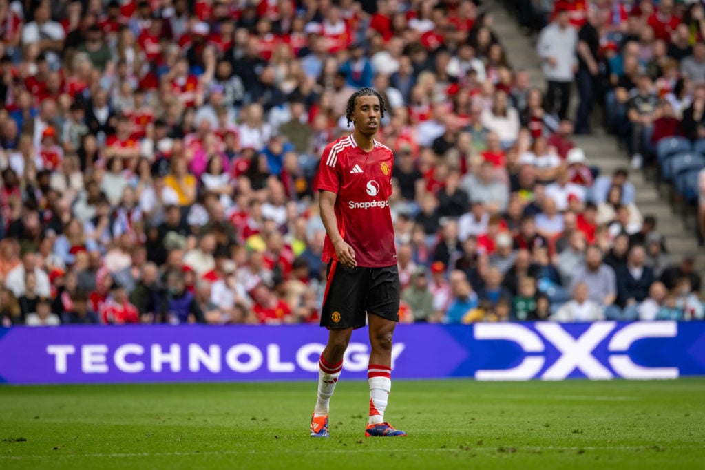 Leny Yoro of Manchester United in action during a pre-season friendly match between Manchester United v Glasgow Rangers at Murrayfield Stadium on J...