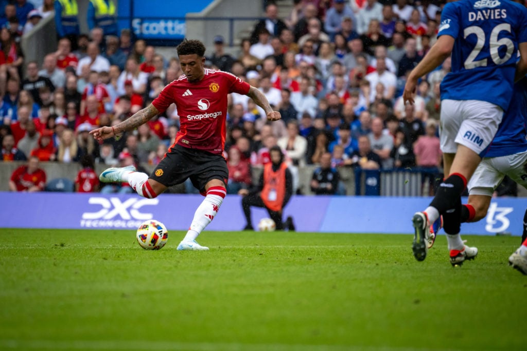 Jadon Sancho of Manchester United in action during a pre-season friendly match between Manchester United v Glasgow Rangers at Murrayfield Stadium o...