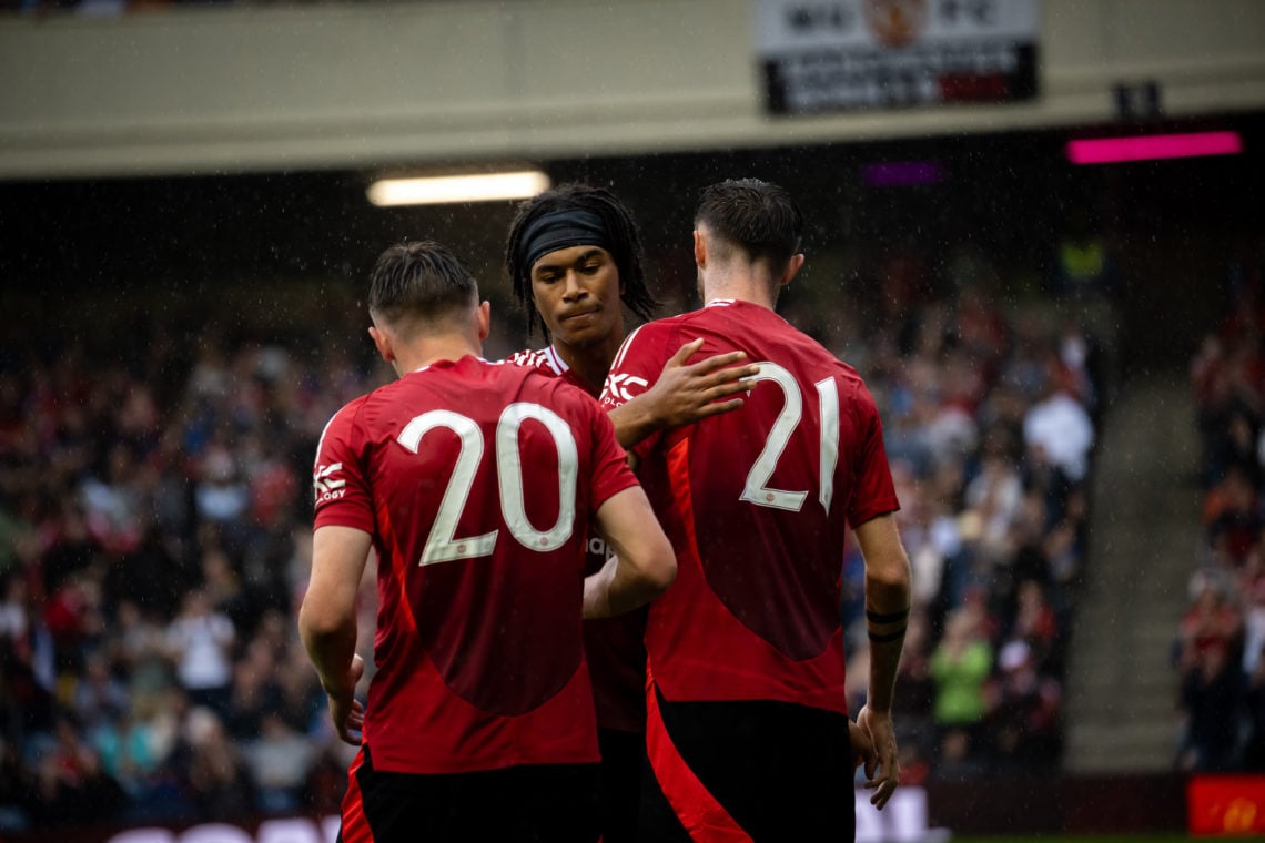 Joe Hugill of Manchester United celebrates scoring their second goal during a pre-season friendly match between Manchester United v Glasgow Rangers...