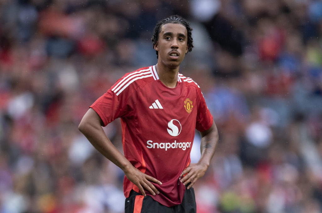 Leny Yoro of Manchester United looks on during the Pre-Season Friendly match between Manchester United and Rangers at BT Murrayfield Stadium on Jul...