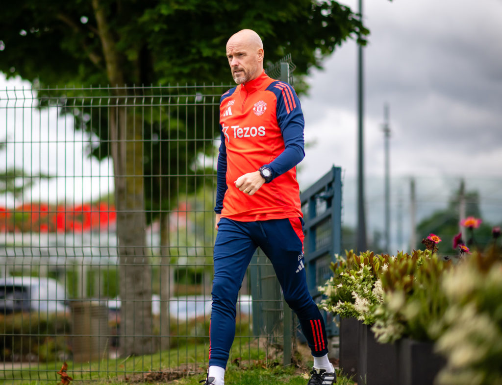 Manager Erik ten Hag of Manchester United in action during a pre-season training session at Carrington Training Ground on July 22, 2024 in Manchest...