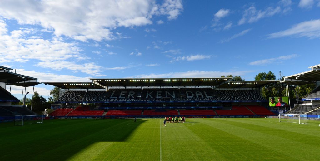 This image shows a general view of the Lerkendal Stadium in Trondheim, Norway, before a training session on the eve of the UEFA Super Cup Final...